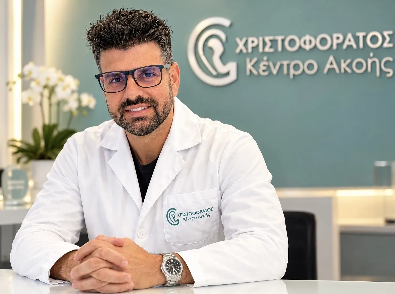 Ο Γεράσιμος Χριστοφοράτος στο γραφείο του κέντρου, με το λογότυπο «Χριστοφοράτος Κέντρο Ακοής» στον τοίχο πίσω του.